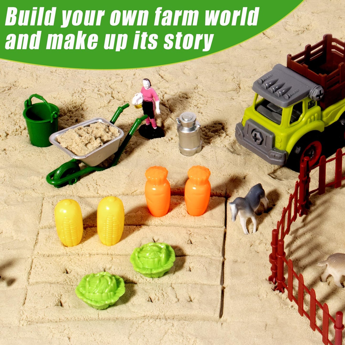 Aliex Farm Sensory Bin, Farm Sensory Kits Toy with 2.2lbs Play Sand, 31pcs Animals Trucks Creativity Magic Sand Box with Lid, Christmas Birthday Gift for Boys Kids Toddlers Ages 3 4 5 6 7 8