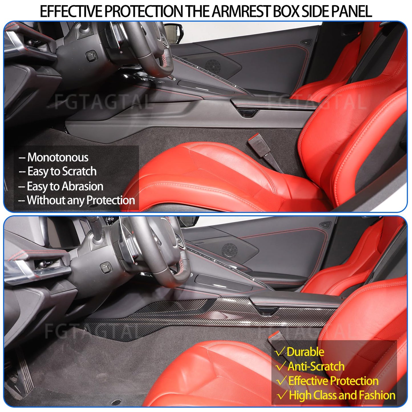 Armrest Box Side Panel Trim Cover Compatible with Chevrolet Corvette C8 2020-2026, ABS Driver Side Panel Trim, Co-Pilot Side Center Console Cover Trim Kit 2Pcs (Carbon Fiber Pattern Black)
