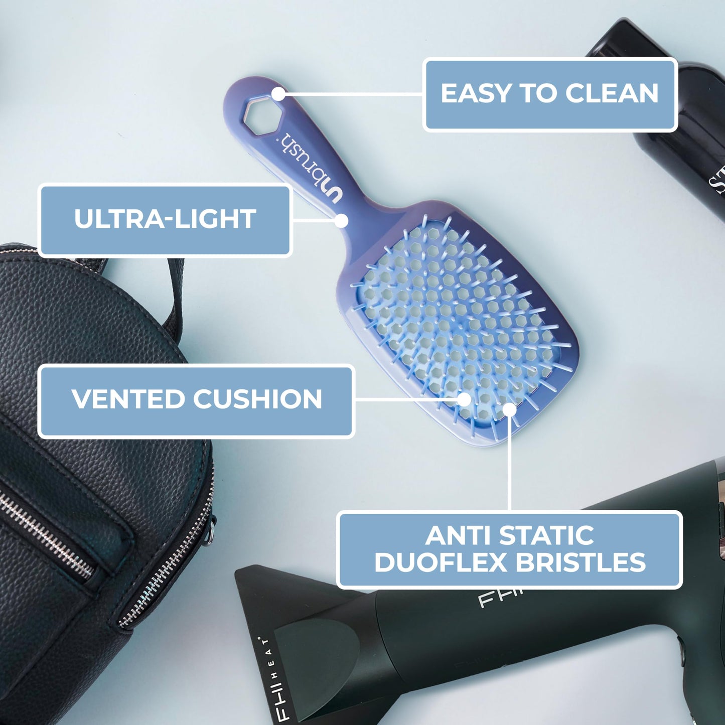 FHI Heat UNbrush Detangling Brush for Pain-Free Brushing on All Wet or Dry Hair Types — Durable DuoFlex Anti-Static Bristles, Lightweight Handle, Vented Hair Brush, Iris Dark Blue