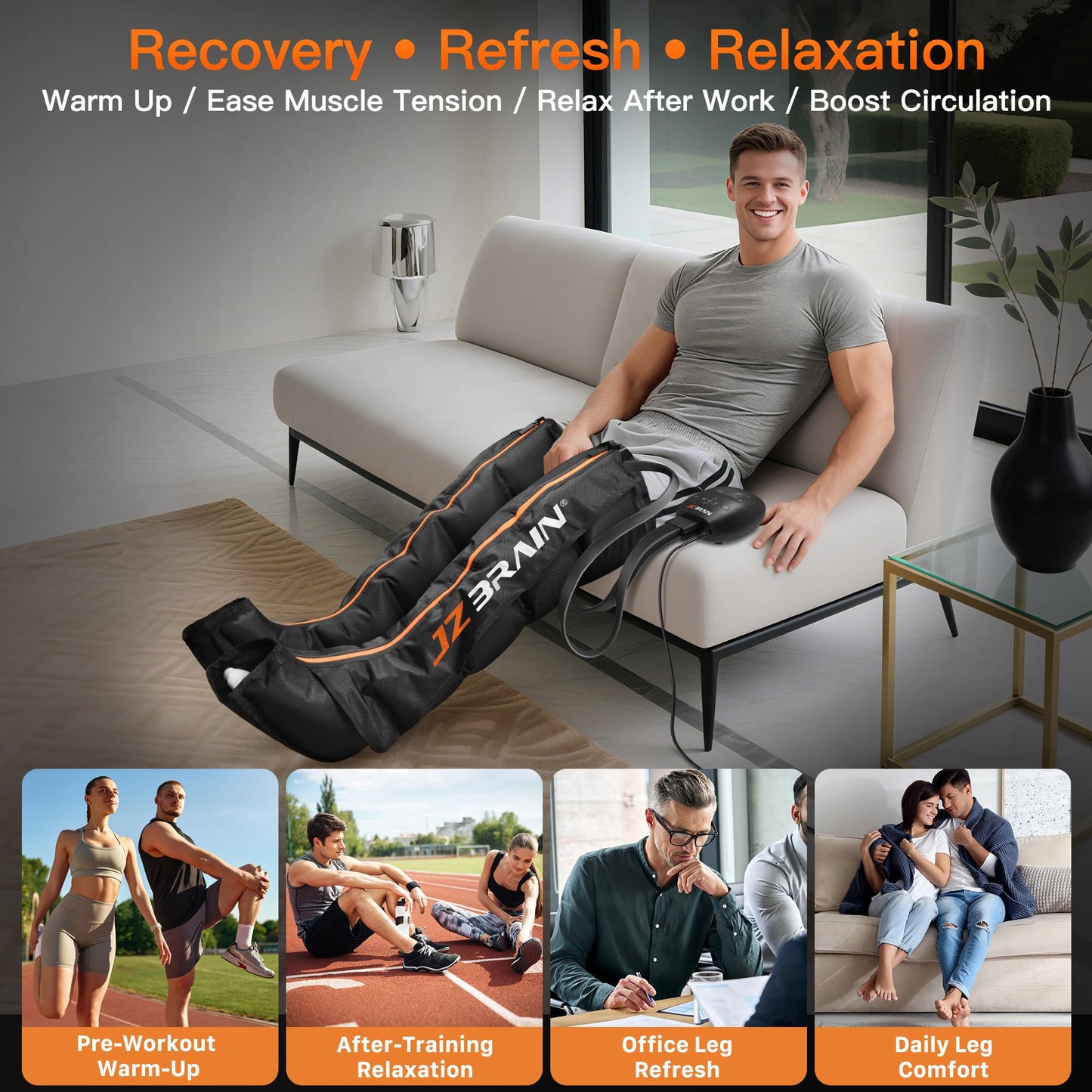 JZBRAIN Air Compression Leg Recovery Boots : Dual-Power Sequential Compression System Device with Smart Pressure Sensor - 6 Modes & 14 Positions Foot and Leg Massage for Athletes & Gym (Large)