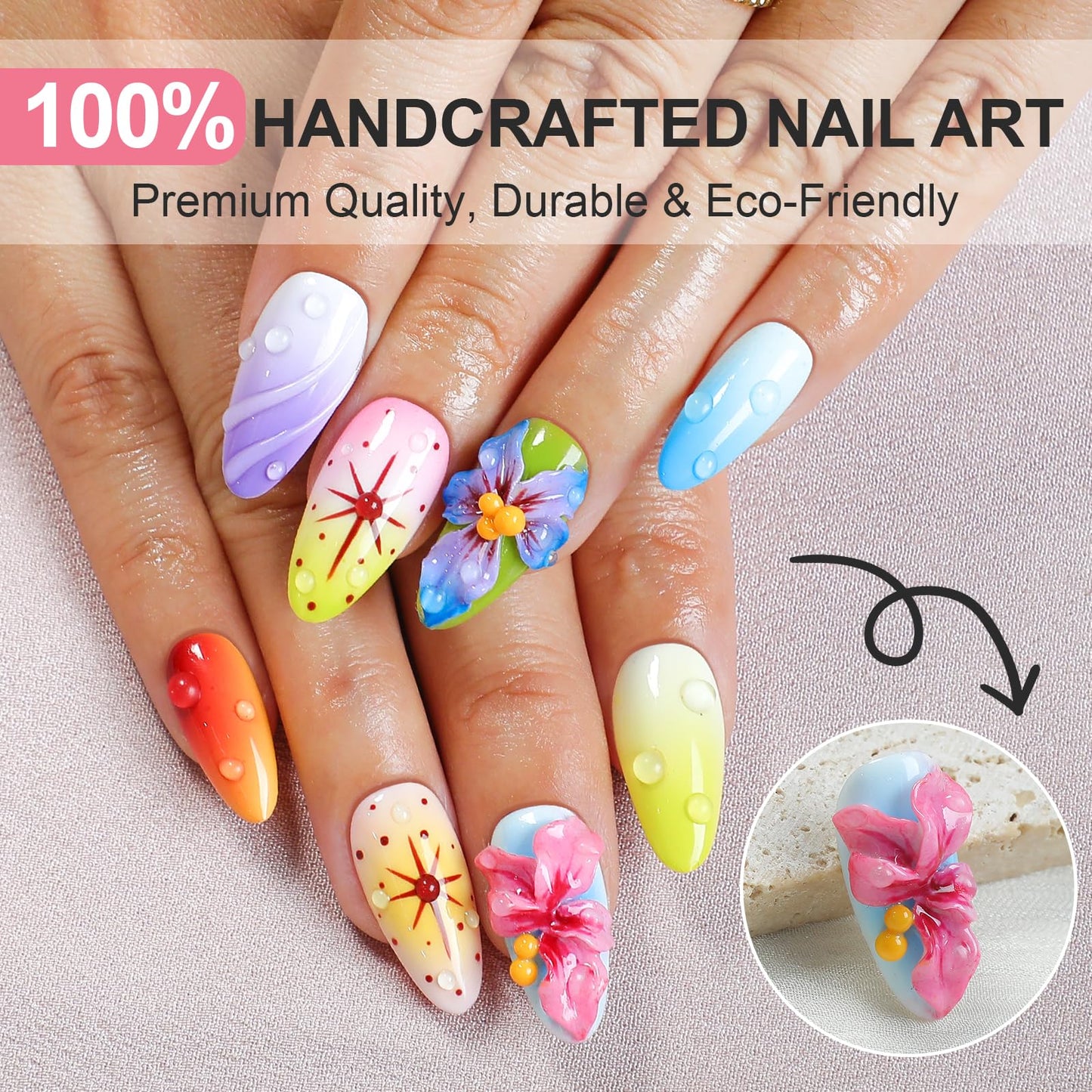 HOMSERA Handmade Press On Nails Almond, French Tips with 3D Flowers Water Droplets Design Short Fake Nails, Salon-Quality Reusable, 10Pcs Includes Adhesive Pads & Nail File, Women's Fall/Winter Gift