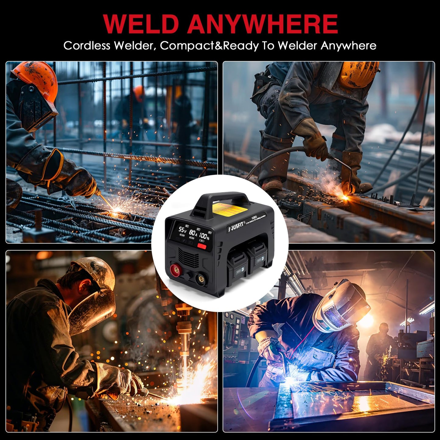 JUSFIT Cordless Welding Machine - MMA Stick Welder 160A, IGBT Inverter with 4x 8000mAh Batteries, LED Display, Hot Start, Portable for Industrial, Metal Fabrication, DIY