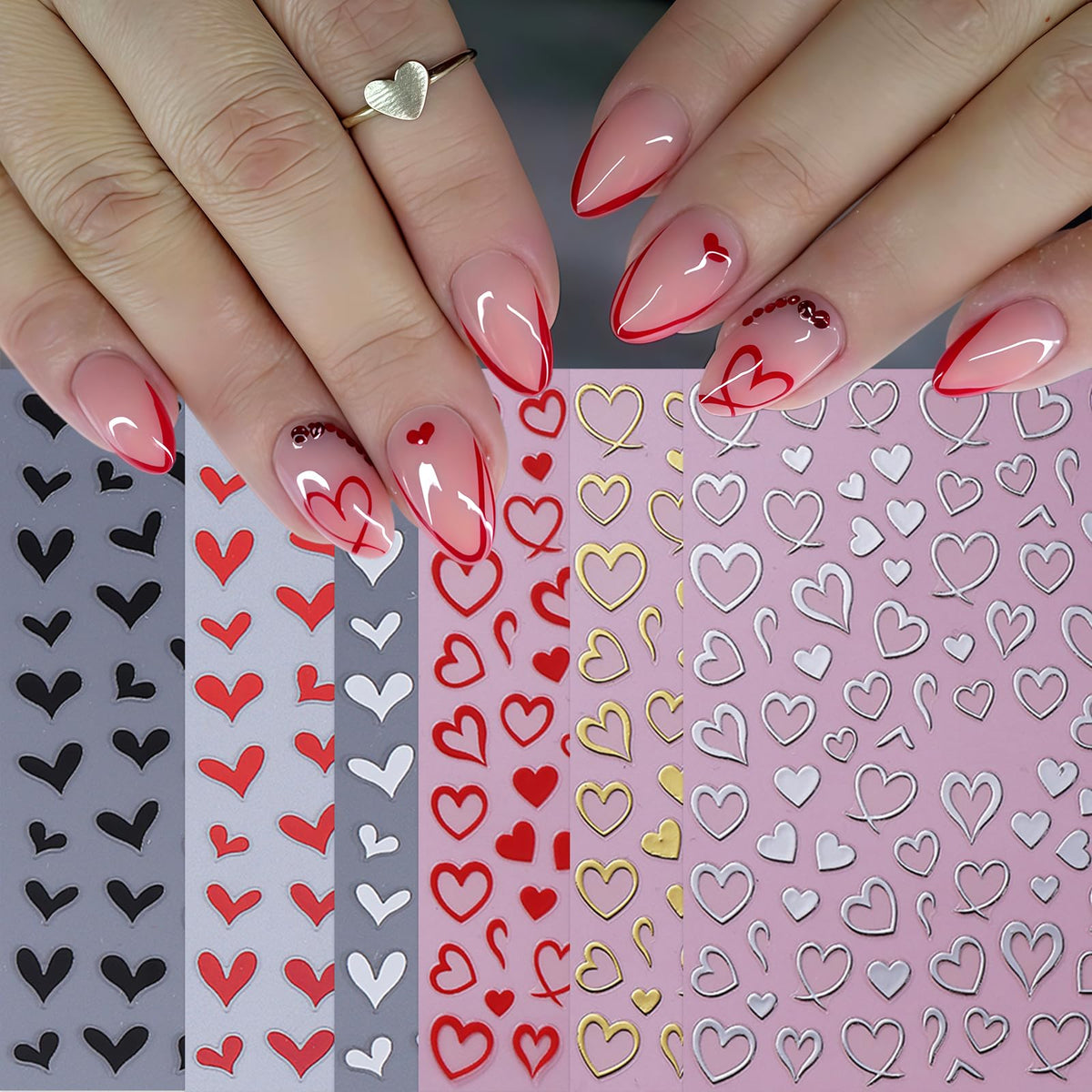 6 Sheets Heart Nail Stickers 3D Self-Adhesive Hearts Nail Decals Love Hollow Peach Heart Shaped French Nail Design Valentine French Sticker Nail Supplies for Women Valentine Holiday Nail Decoration