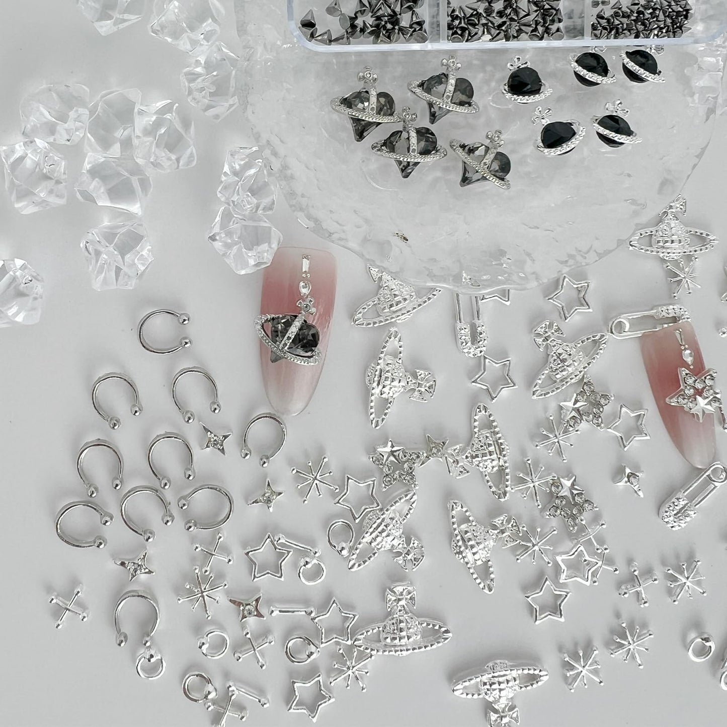 110 pcs Punk Nail Charms 3D Goth Jewelry Kit, Y2K Metal Planet Star Cross Spike Accessories, Alloy Rhinestones for Acrylic Gel Art Design (punk)