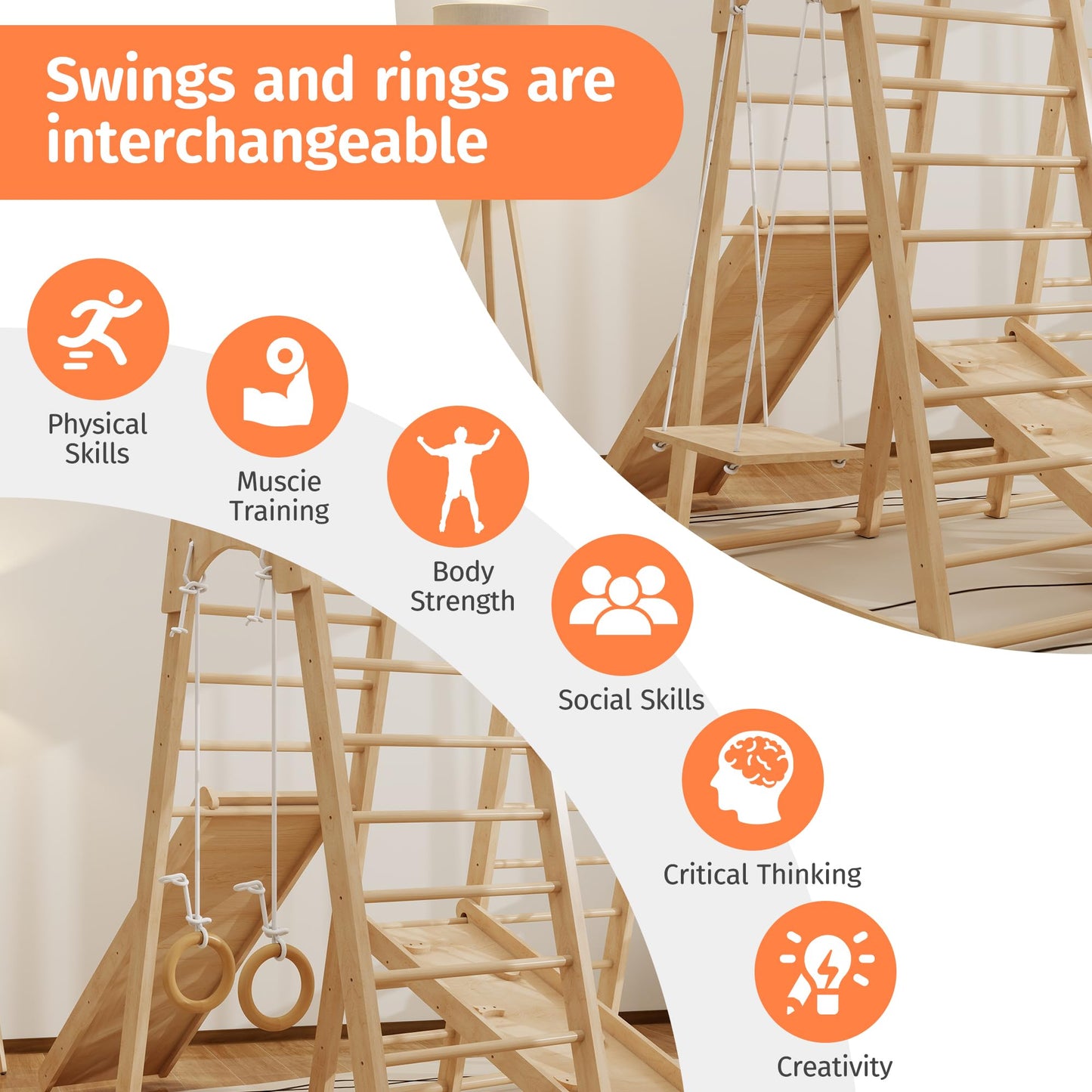 LunaQuest Indoor Jungle Gym for Toddlers, 8-in-1 Wooden Montessori Climbing Toys with Slide, Swing, Rock Wall, Rope Ladder, Monkey Bars – Indoor Playground for Kids Ages 1-8