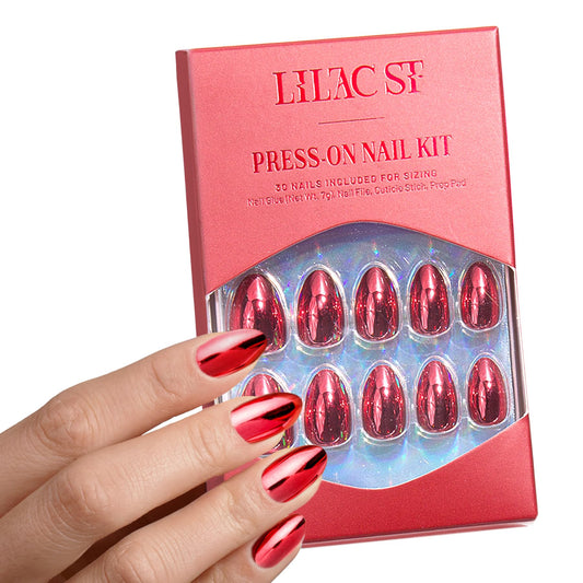 Lilac St - Press on Nails, Cherry Plated (30 Nails, 15 Sizes) - Short, Almond, Chrome + Glossy, Opaque - Brush On Nail Glue, Nail File, Cuticle Stick, Prep Pad - Reusable - Cruelty Free, Vegan