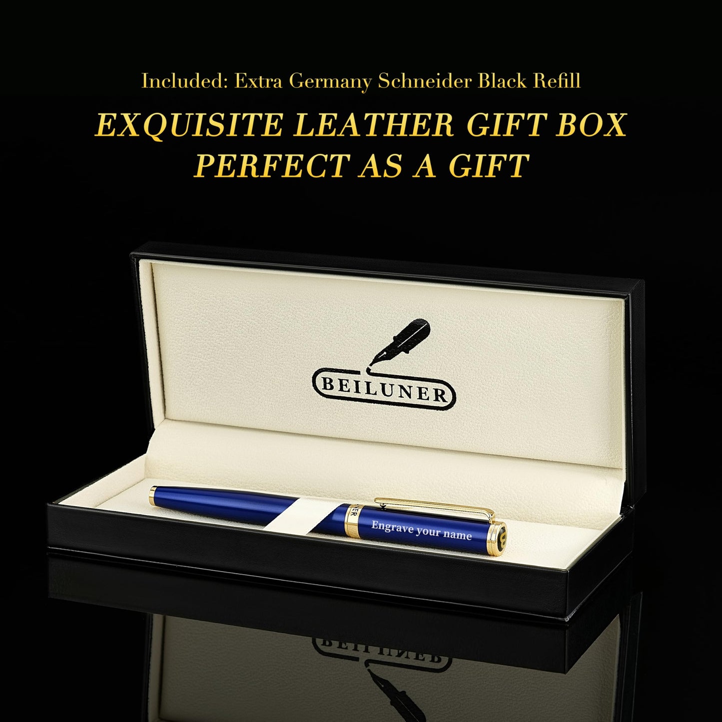 BEILUNER Blue Personalized Pen,Stunning Luxury Lacquer With 24K Gold,Schneider Ink Refills,Multiple Fonts To Custom Rollerball,Gift Pen For Men & Women,Executive,Graduation,Christmas,Nice Fancy Pens