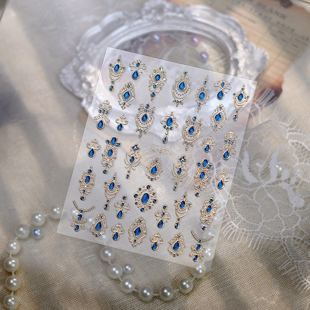 Gem Pattern Nail Art Stickers, 3D Embossed Retro Nail Decals, Self Adhesive Baroque Nails Decoration Supplies for Women Nails Design(Blue Gem-6 Sheets)
