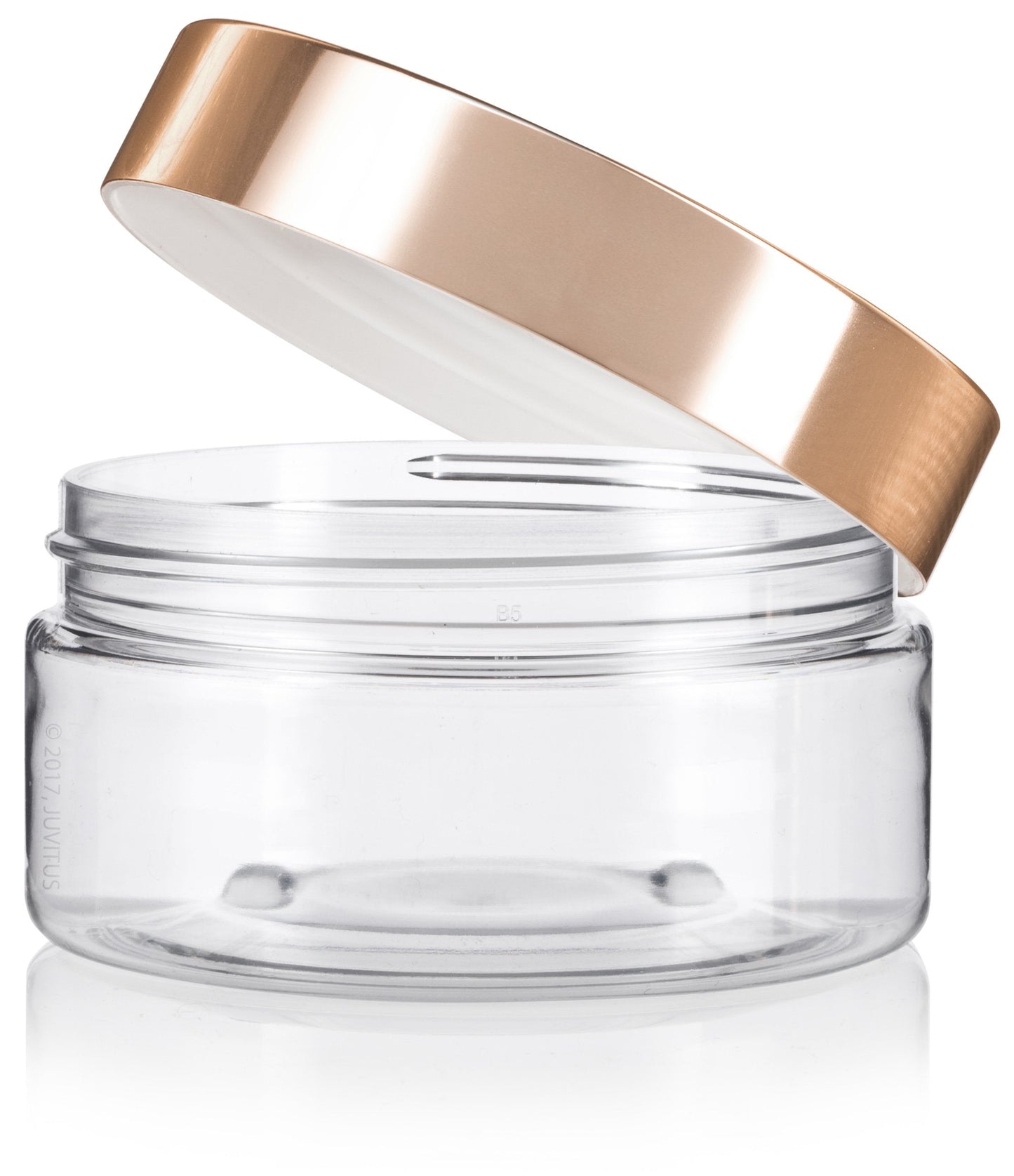 (6 Pack) 8 oz Clear Plastic Low Profile Wide Mouth Jar with Gold Metal Overshell Lid Refillable Empty Storage Containers