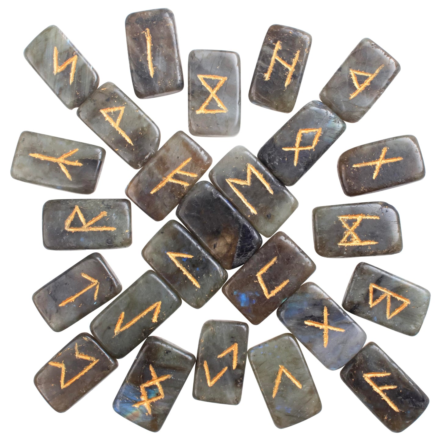 Crocon Labradorite Rectangle Shape Gemstone Rune Stones with Elder Futhark Alphabet Engraved 25 pcs Rune Set Crystal Divination Metaphysical Healing Chakra Reiki Runes Set with a Pouch Size: 21-26mm