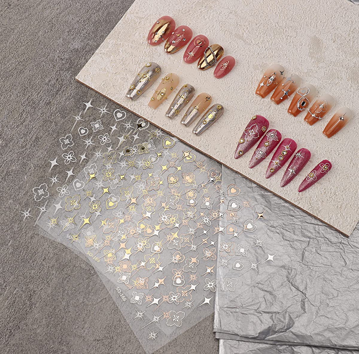 6 Sheets Gold Star Nail Sticker, Retro Design,3D Self-Adhesive Nail Decals Silver/Pink Gold Hollow Cross Star Heart Glitter Designer Nail Supplies Elegant Luxury Manicure Sticker DIY for Women Girls