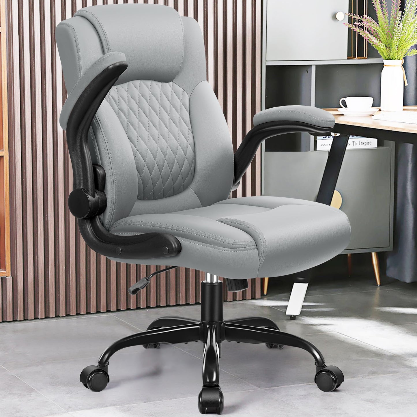 Leather Office Chair, PU Home Computer Desk Chairs with Ergonomic Back Support, 360°Swivel Free，Small Gaming Chair with Wheels and Adjustable Armrests, for Short People Use