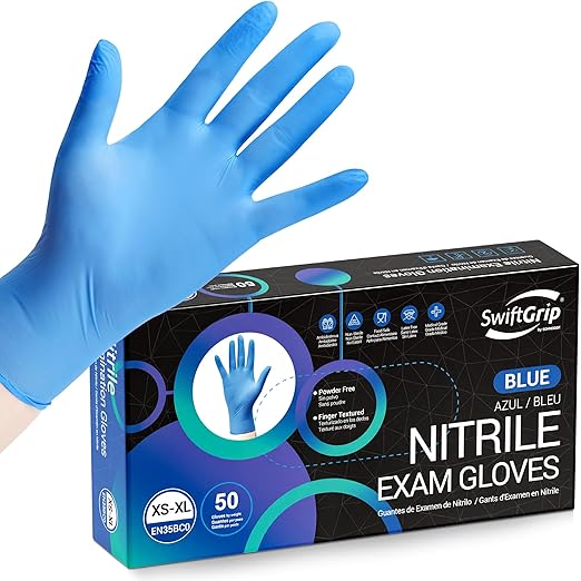 SwiftGrip Disposable Nitrile Exam Gloves, Blue, Nitrile Gloves Disposable Latex Free, Medical Gloves, Cleaning Gloves, Food-Safe Rubber Gloves, Powder Free, Non-Sterile, 50-ct Box (Medium)