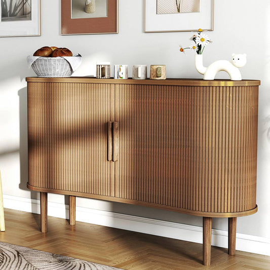 AraSyleon Mid-Century Modern Sideboard Buffet Cabinet, 55" Storage Cabinet with 4 cabinets, Decorative Fluted Sliding Doors for Bedroom Dining Room Small Space, Walnut Finish, Walnut
