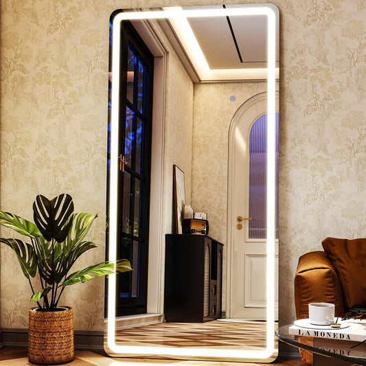 XRAMFY LED Rectangular Corner White Full Length Mirror - 30“ x 71” Brightness Adjustable, Touch Screen Control, Wall Mounted or Freestanding, for Bedroom Living Room Cloakroom Dressing Mirror