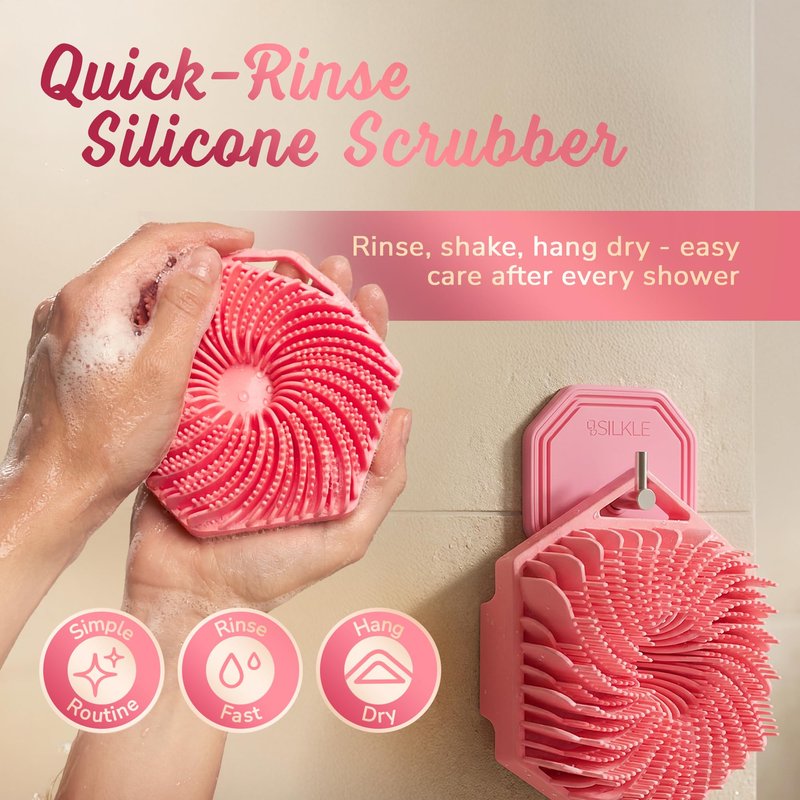 SILKLE Silicone Body Scrubber – Gentle Exfoliating Shower Scrubber for Body & Bath, Silicone Shower Brush & Loofah Alternative – Non-Slip Silicone Body Brush, Quick Dry, Hygienic - Pink