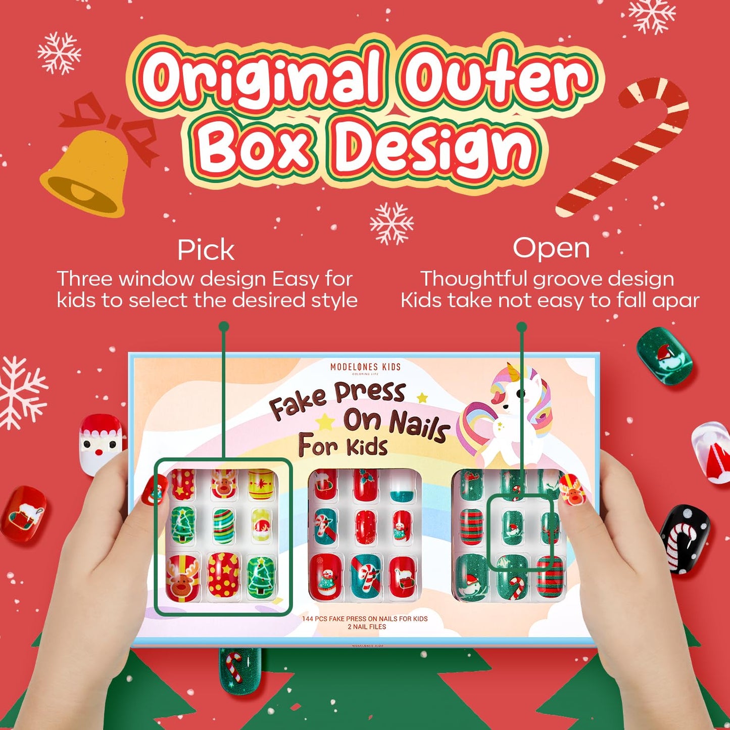 Modelones Christmas Press on Nails for Kids 144Pcs 6 Pack Children Girls Toys 8-10 Acrylic Fake Nails Pre-glue Full Cover Snowflake Red Xmas Short False Nail Art Kits Sets Gifts For Kids Girls