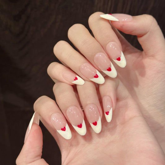 Tesytto Red Heart Press on Nails Medium Almond - Handmade Classic White French Tip, Creamy Nude Glossy Reusable False Nails (Creamy Heart French,M)