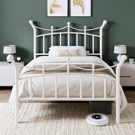 Allewie 14 Inches Twin Size Metal Platform Bed Frame with Elegant Crown Iron-Art Headboard & Footboard, Sturdy Mattress Foundation with Under-Bed Storage, Easy Assembly, No Box Spring Needed, White
