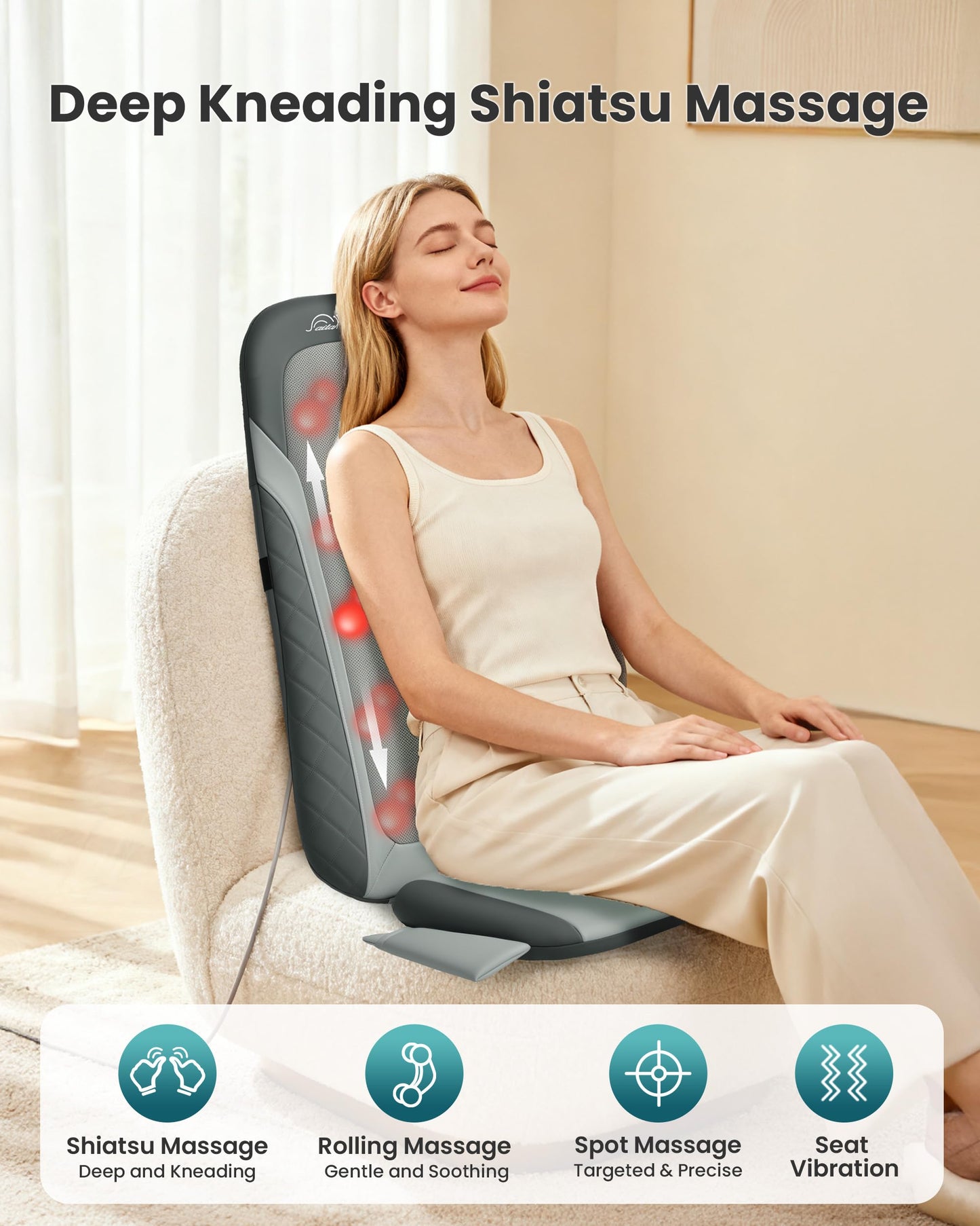 Snailax Shiatsu Back Massager with Heat,Full Back Massager for Pain Relief Deep Tissue,Longer Massage Chair Pad,Back Kneading Shiatsu or Rolling Massage for Chair