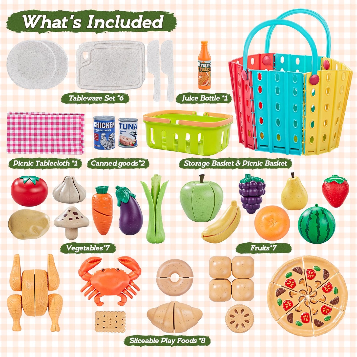 LAUGIGLE 86Pc Wheat Straw Play Food for Kids Kitchen-Toy Food with 2 Baskets & Picnic Blanket, Realistic Cutting Pizza, Grocery Cans, Pretend Play Kitchen Accessories & Toddler Toys for Boys Girls 3+