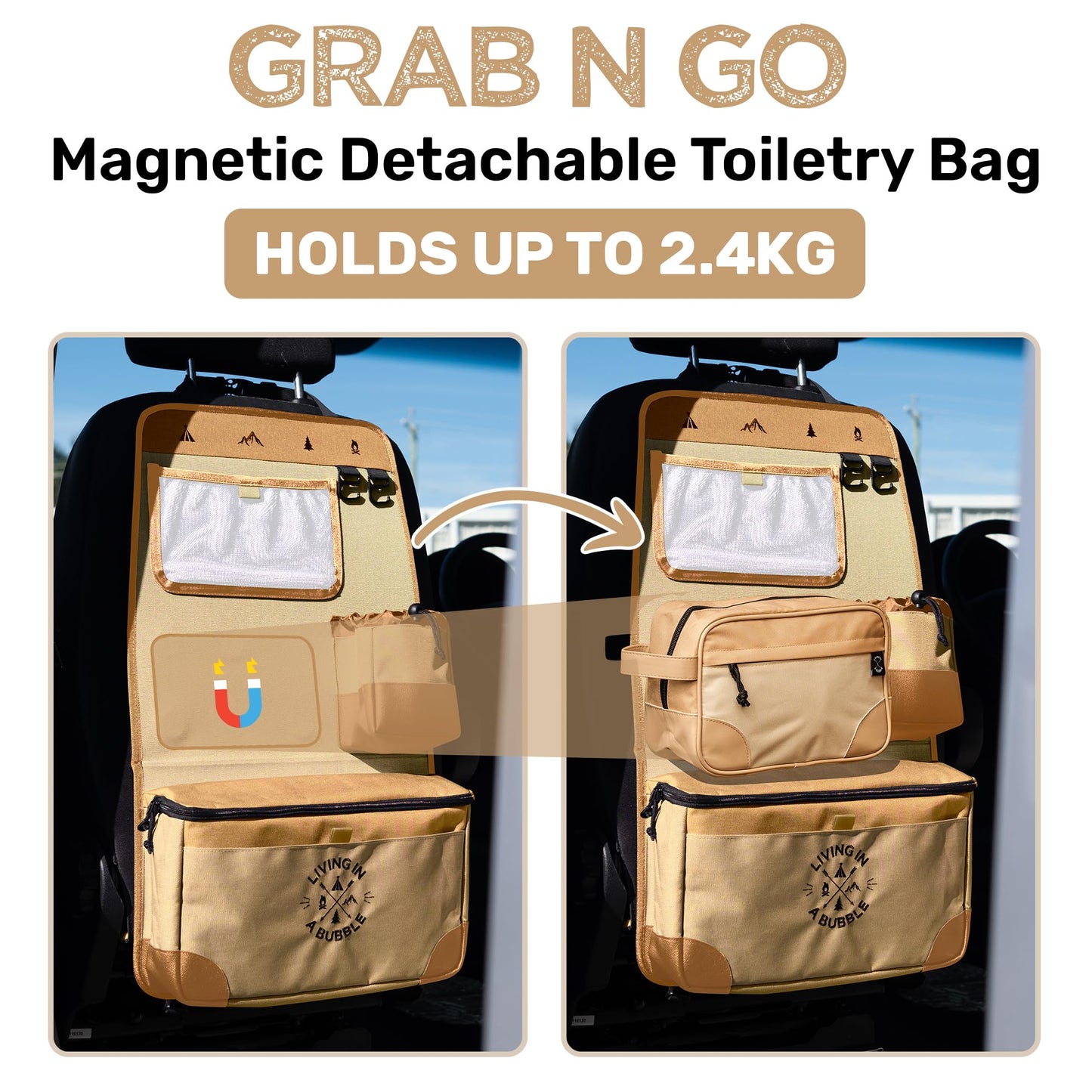 Living in a Bubble Seat back Organizer – Magnetic Toiletry and Cooler Pouch, Cordura Car Backseat Storage with Device Holder & Hooks, Multi-Compartment Utility Bag for Campervans & Family Travel