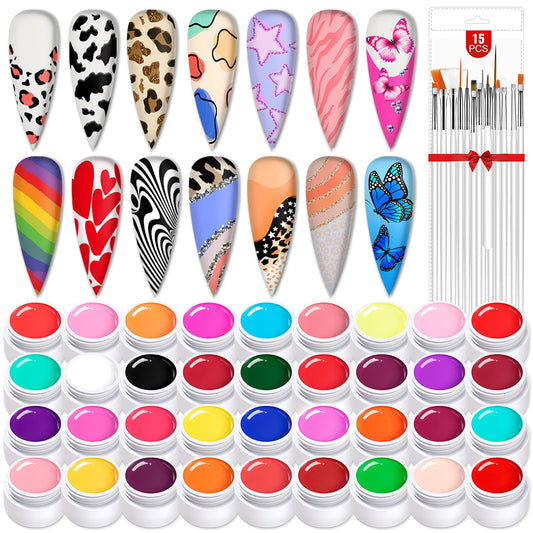 SAVILAND 36 Colors Gel Paint Kit: Solid Nail Art Gel Polish with 15 pcs Painting Drawing Nail Brushes for DIY Nails Art Design & Manicure Home Salon Use
