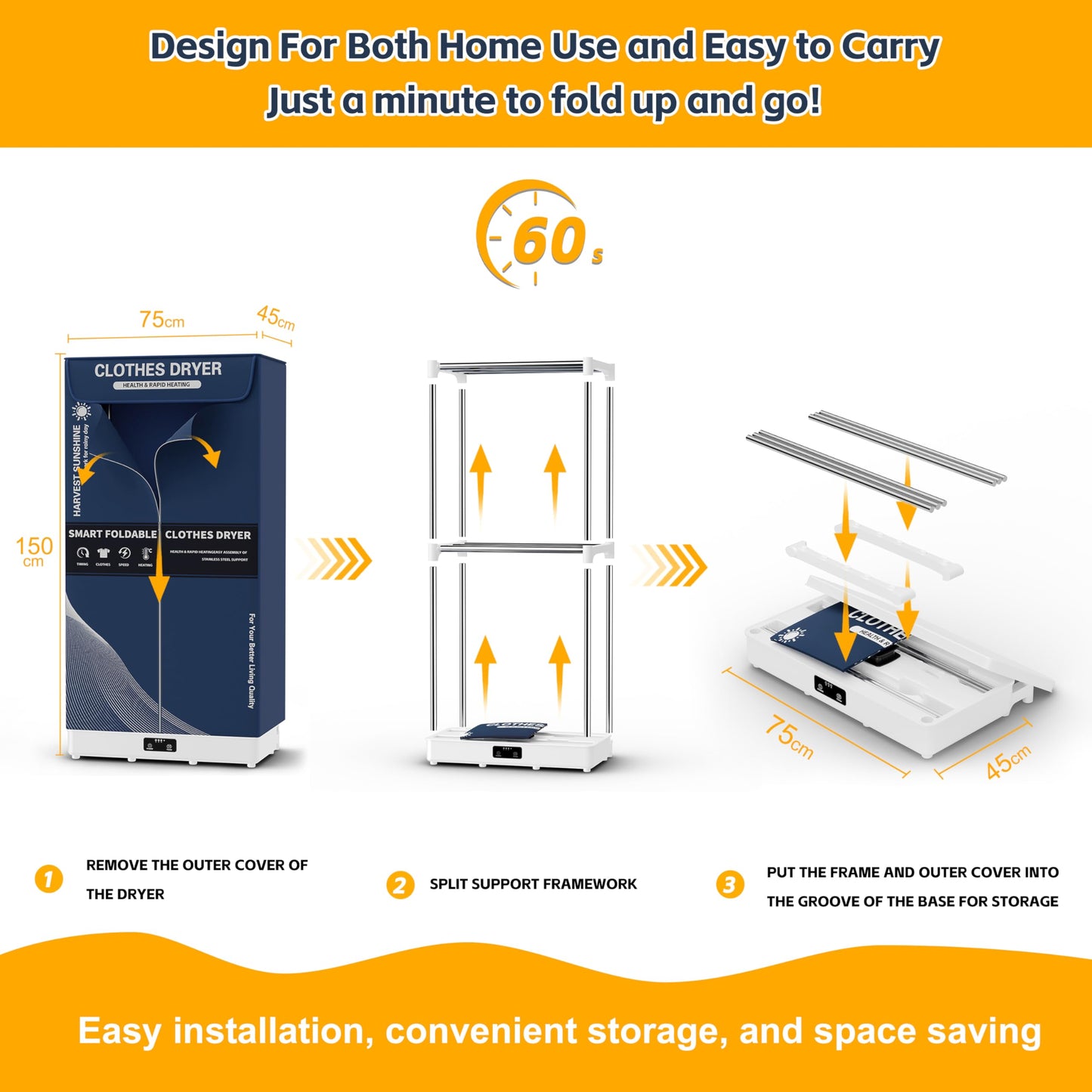 Clothes Dryer, Portable Drying Machine with Timer, 60inch Laundry Drying Wardrobe with Large Capacity, Electric Dryer/Rack for Home | Appartments (Grey KI1)