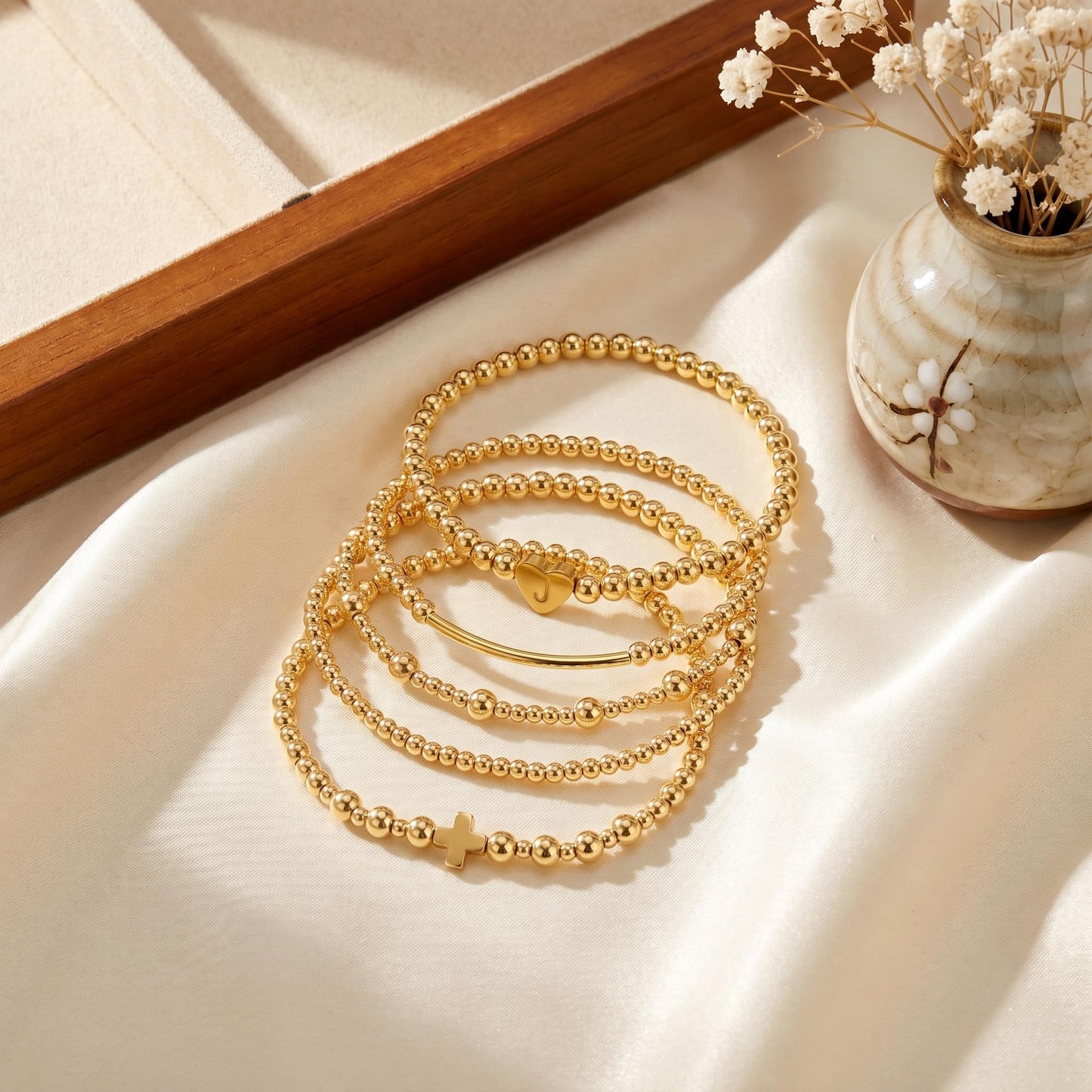 14K Gold Cross Beaded Initial Bracelet Stack for Women,Dainty Stretch Gold Plated Letter “J” Stackable Bracelets Bohemian Layered Prom Party Accessories Jewelry Gift Friendship