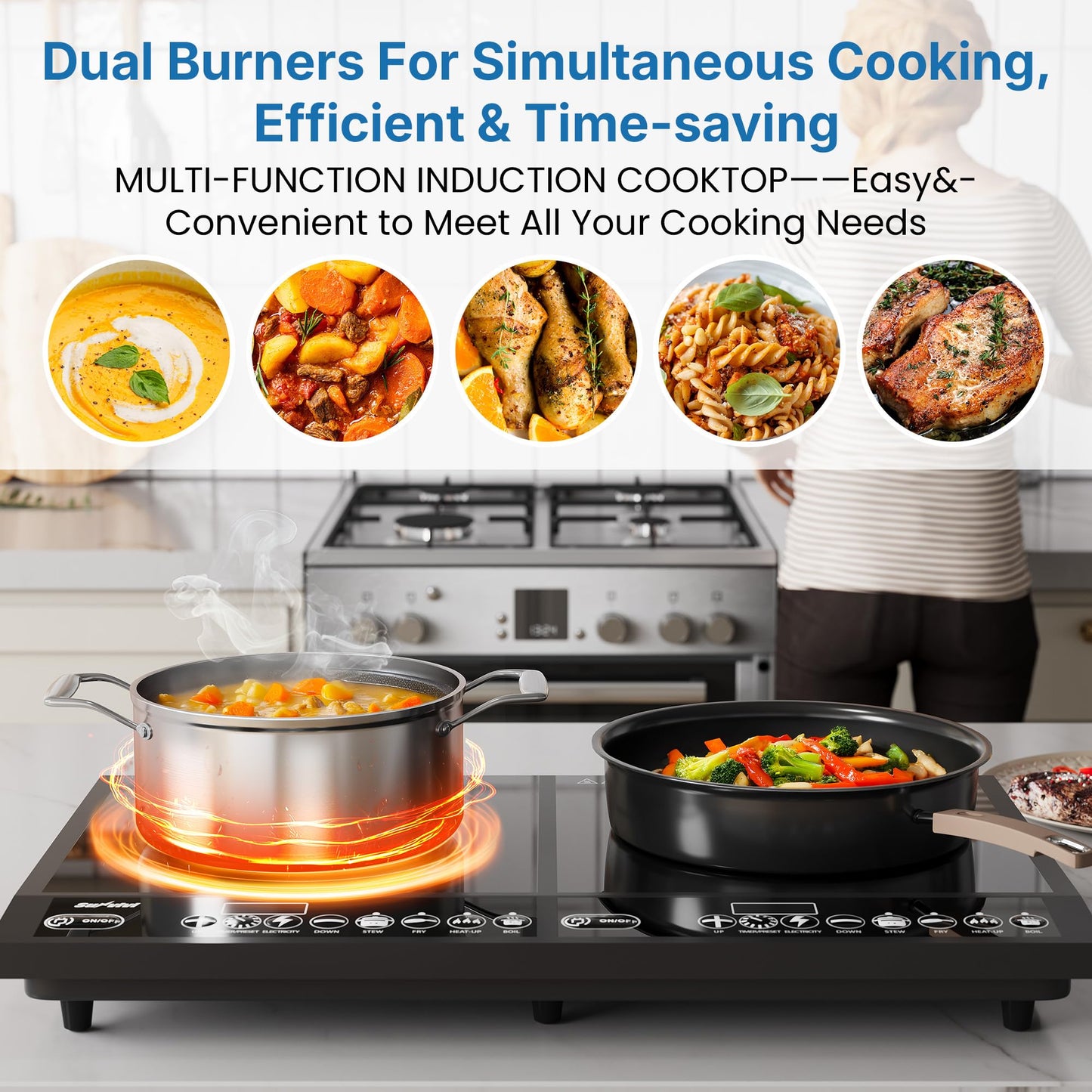 SUNVIVIPRO Commercial Double Burner Electric Induction Cooktop, 1000W+800W Dual Induction Hot Plate, 8 Power & 8 Temp Setting, Professional Countertop Burner Stove with Timer, LED Screen, Black