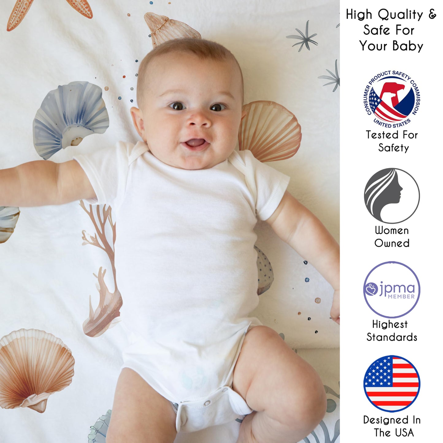 Sweet Jojo Designs Ocean Seashells Boy, Girl, Unisex/Gender Neutral Baby Play Mat Tummy Time Activity, Toddler Floor Infant Playmat - Nautical, Beach Theme, Watercolor, Starfish, Coastal, Aquatic, Sea