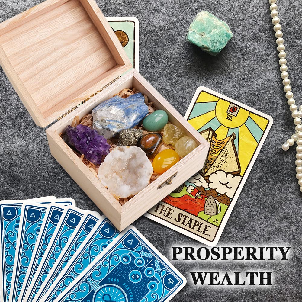 Runyangshi 9PCS Healing Crystals Set with Wooden Box -Amethyst Cluster/Clear Quartz Geode/Pyrite/Citrine/Aventurine/Yellow Agate/Tiger Eye Tumbled Stone for Prosperity & Wealth Meditation Energy Gift