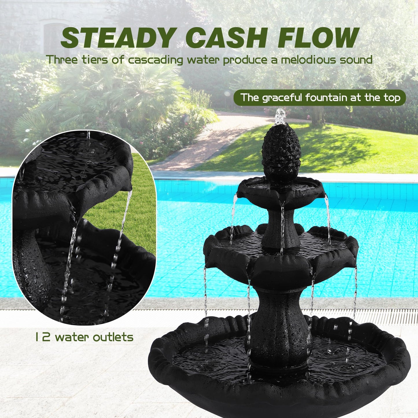 Dephet Italian Outdoor Water Fountains, 47.4'H Outside Garden Fountains and Waterfalls, Large Floor-Standing Cascading Indoor Resin Bubbler Fountain Features w/Pump for Patio Yard Decor, Black