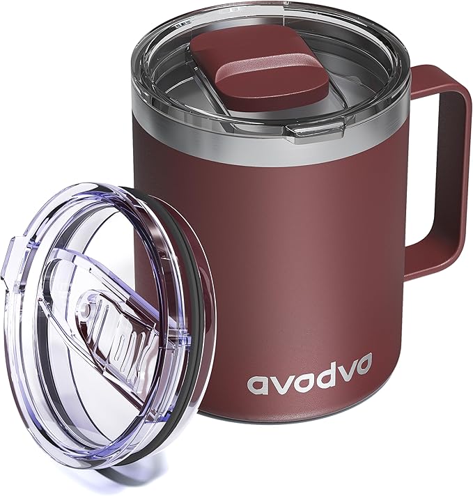 12oz Insulated Coffee Mug with Lid â Includes Two Lids, Stainless Steel Coffee Travel Mug with Handle, Double Wall Vacuum Insulated Camping Mug for Home, Office & Outdoor, Red