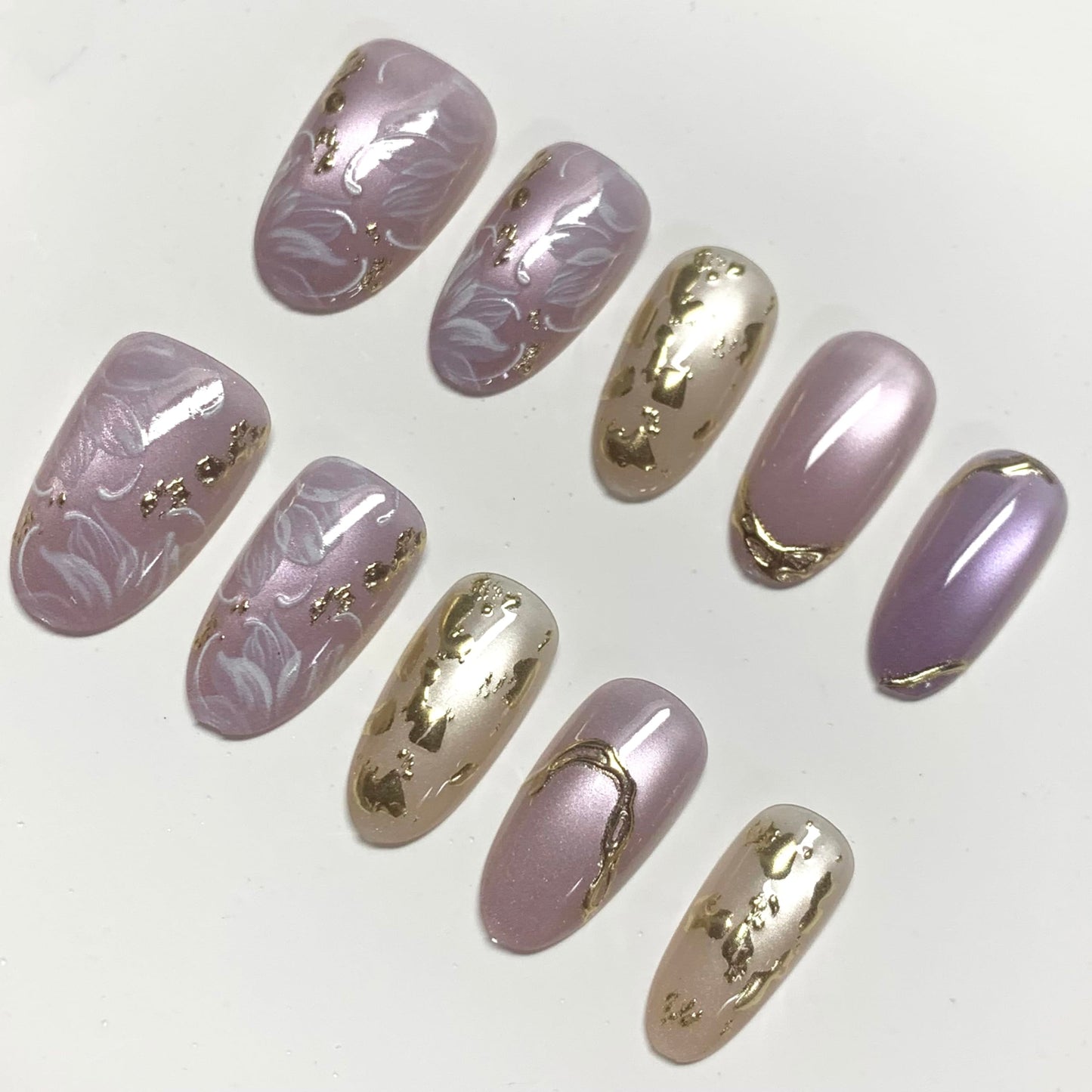 BABALAL Press On Nails, Short Almond Fake Nails, Purple Lavender, Cat Eye With Gold Foil Floral Design, Glossy Full Cover Glue On Nails For Women And Girls 24Pcs