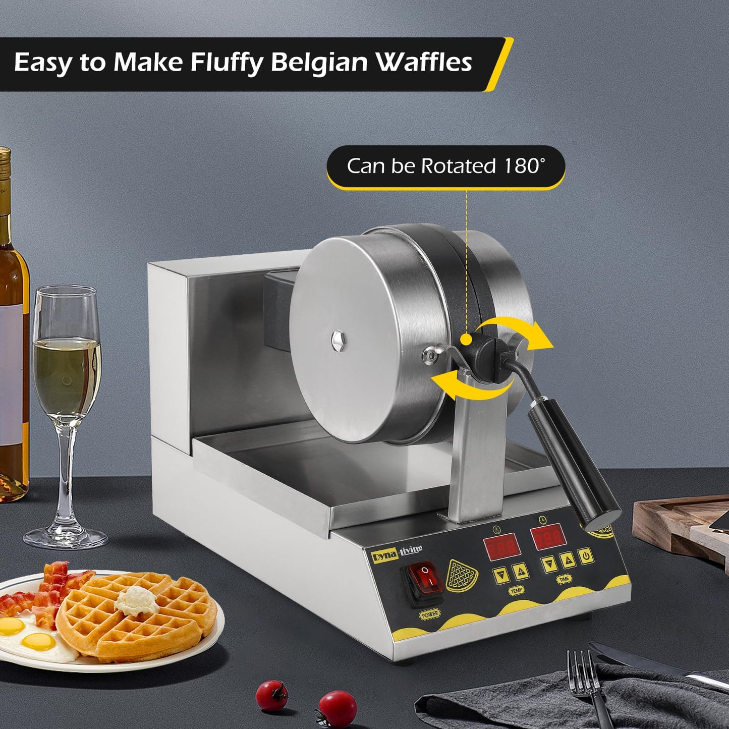 Dyna-Living Belgian Waffle Maker 180° Rotating Commercial Waffle Maker Intelligent Commercial Waffle Iron for Restaurant, 1200W Professional Waffles Machine for Home Use