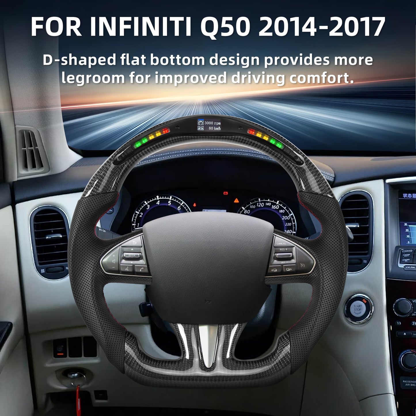 Steering Wheel for Infiniti 2014-2017 Q50 LED Display Indicator Real Carbon Fiber Steering Wheel Perforated Leather Anti-Slip for 2014-2017 Q50