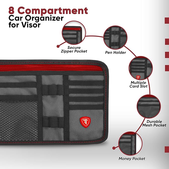 Firestone 2-Pack Car Sun Visor Organizer | 8 Compartment Car & Truck Visor Organizer with Holder & Slots for Sunglasses, License, Registration & More, Charcoal