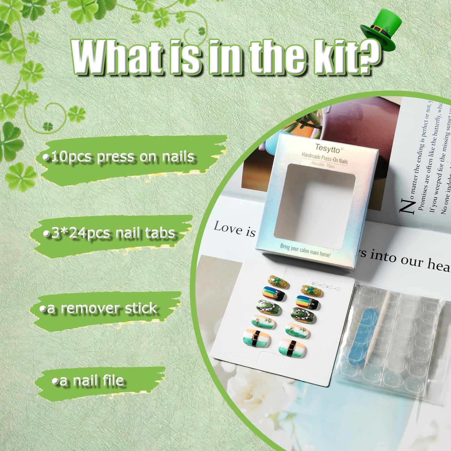 Tesytto Medium Square Press on Nails - Irish Flag Green White Orange Nails with Lucky Shamrock & Belt Design, Rainbow & 3D Gold Glitter Spring Summer Fake Nails (Size M)