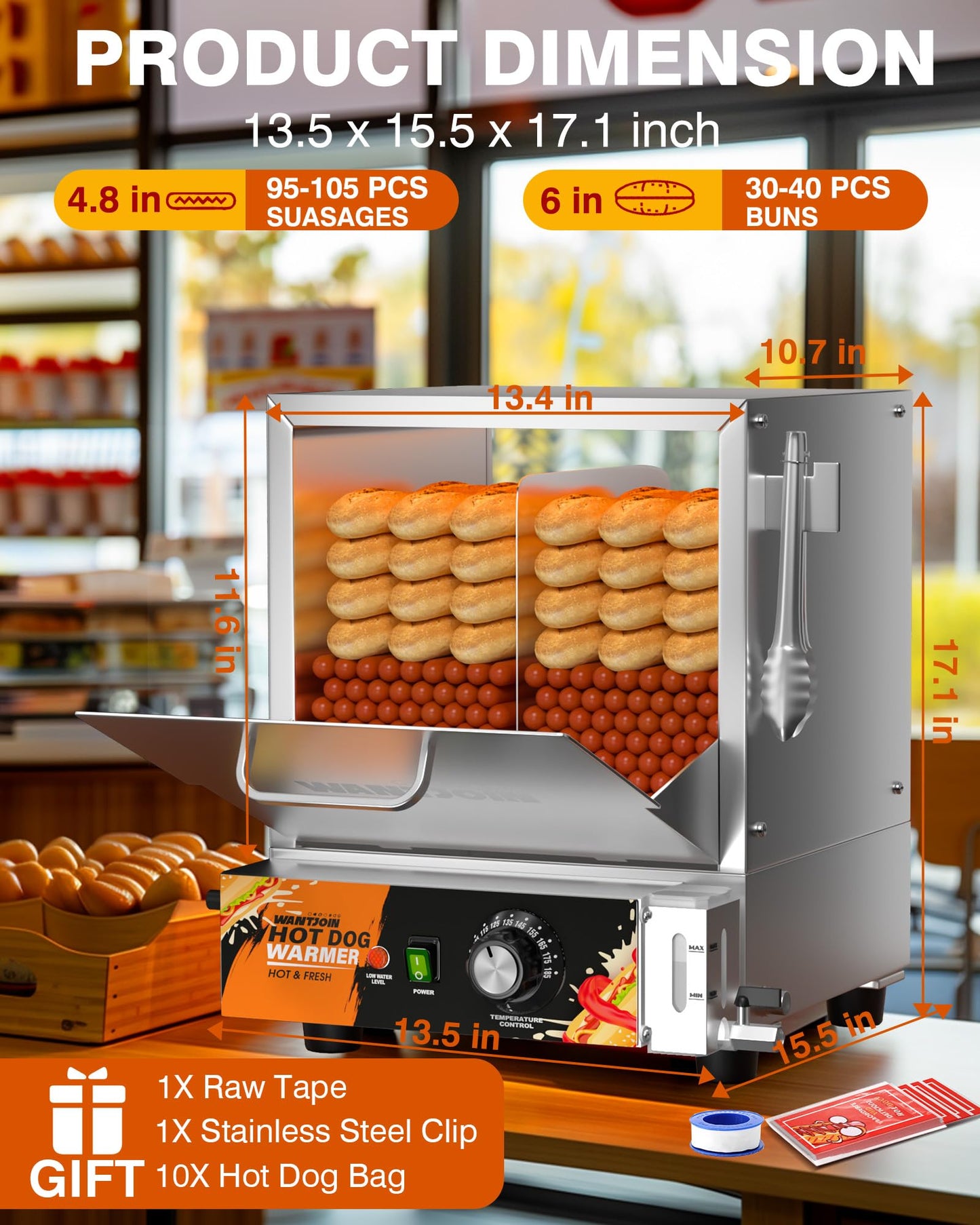 WantJoin Hot Dog Steamer Machine - 28.8QT Commercial Electric Hotdog Machine with Bun Warmer, Tempered Glass Stainless Steel Steaming Machine for 90-105 Sausages and 30-40 Buns