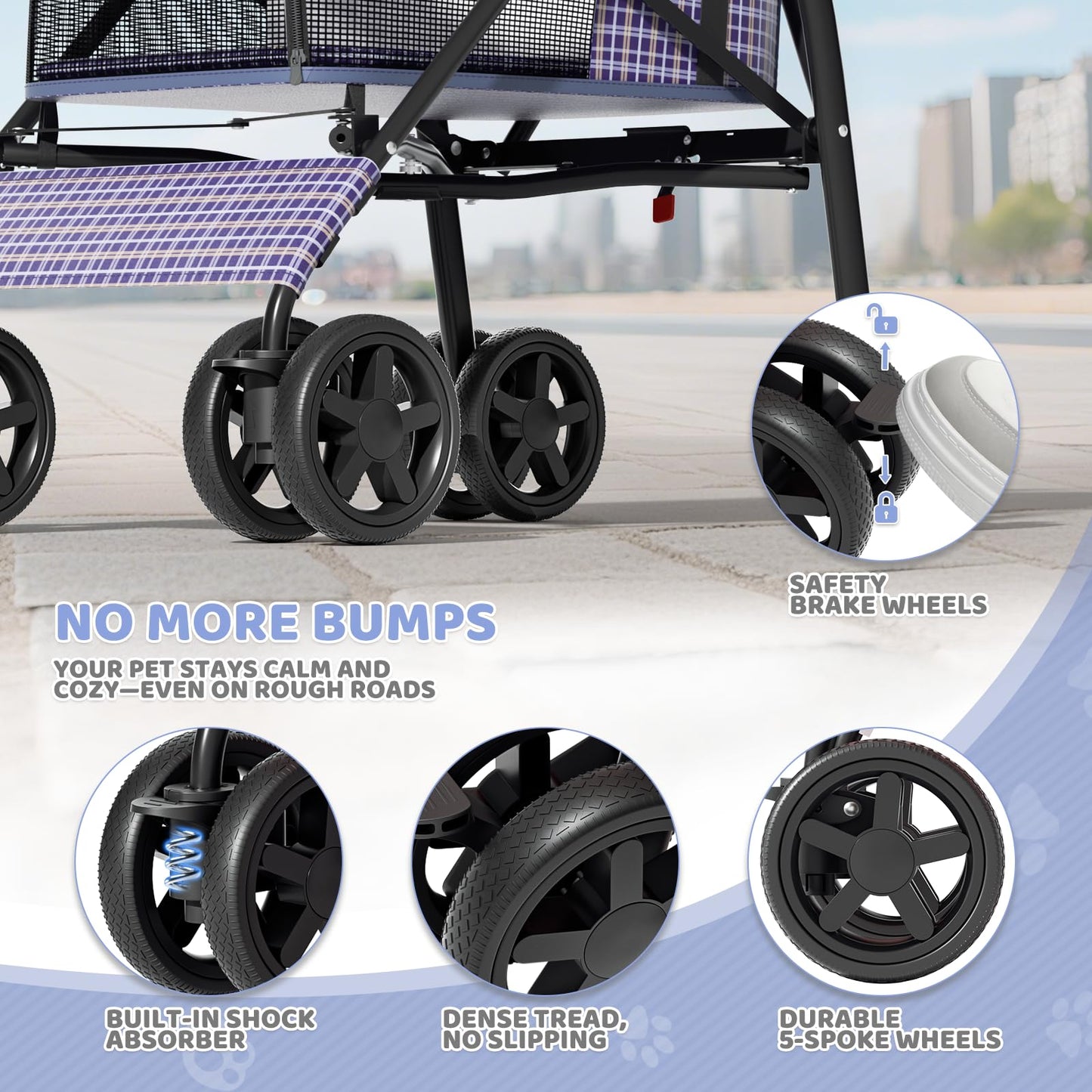 Magshion Compact Pet Stroller for Small-Medium Dogs/Cats up to 22lbs, 4-Wheel Lightweight Umbrella Shaped Portable Puppy Travel Jogger with Breathable Mesh, Cup Holder & Rear Storage, Plaid