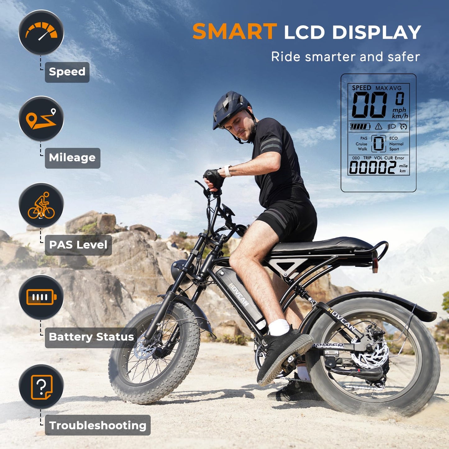 Movcan V60/V60 Pro Electric Bike, 48V 15.6/18.2Ah Removable Battery 20” Fat Tire Electric Bike, 1000/1500W Motor 30/33MPH Top Speed Electric Motorcycle, for Commute/Offroad/School/Rain/Snow Riding.