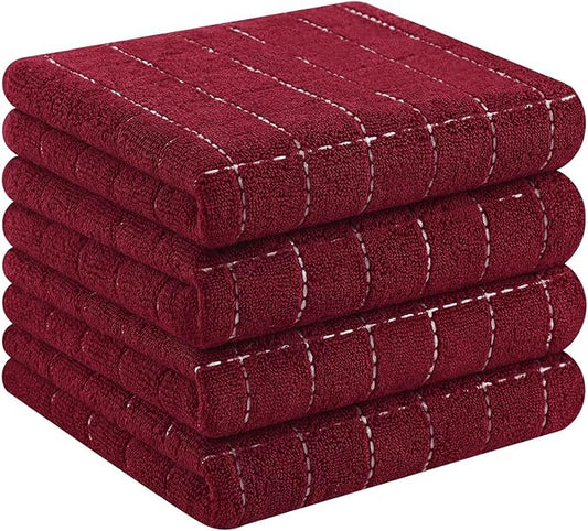 Homaxy 100% Cotton Terry Kitchen Towels(Burgundy Red, 13 x 28 inches), Checkered Designed, Soft and Super Absorbent Dish Towels, 4 Pack