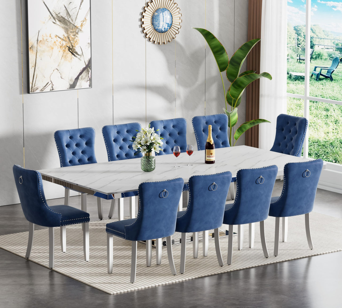 White Marble Extendable Dining Table Set for 10, 11-Piece Extendable Kitchen Table Set with 10 Blue Velvet Chairs, Modern 63"-94" Expandable Dining Room Table Set with Mirrored Pedestal for Kitchen