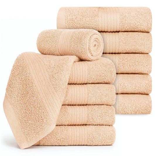 Ample Decor 100% Cotton Washcloths 12x12 Inches, 600 GSM, Soft & Absorbent, Durable, Set of 10, Beige