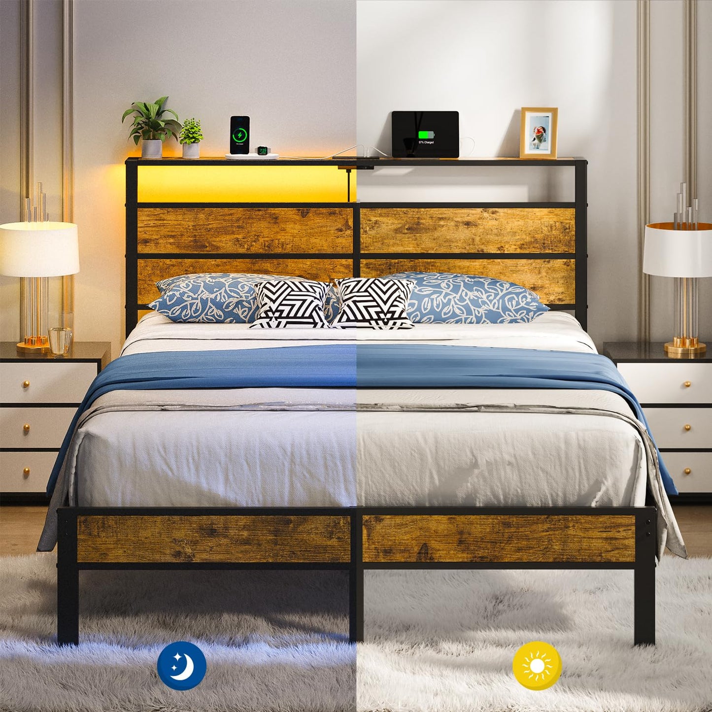 Liians Queen Size Bed Frame, Queen Bed with Charging Station Headboard and LED Lights, Platform Bed with Metal Slats, No Box Spring Needed