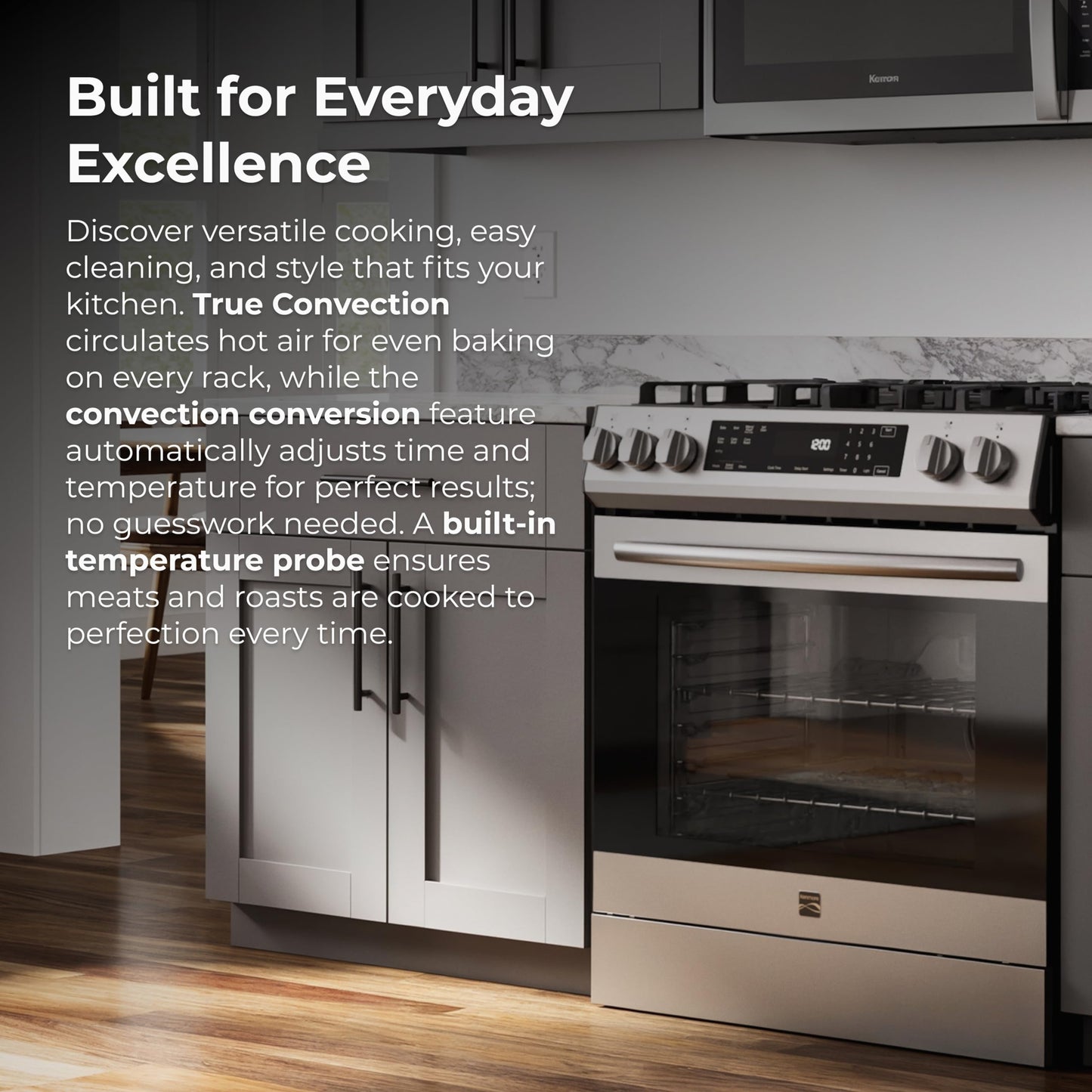 Kenmore 5.6 cu. ft. Front Control Gas Range Oven with 5 Cooktop Burners - True Convection, Air Fry, Turbo Boil, Self Clean, Dishwasher Safe Grates, Three Chrome Racks, LP Kit - Stainless Steel