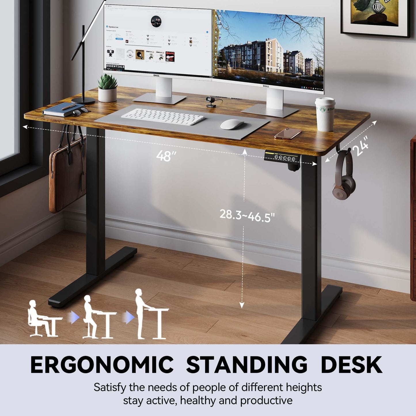 Gamork Electric Standing Desk,48x24 Inches Adjustable Height Stand up Desk, Sit Stand Home Office Desk with Splice Board, 3 Preset Heights,Equipped with Hooks,Ergonomic Computer Workstation，Brown
