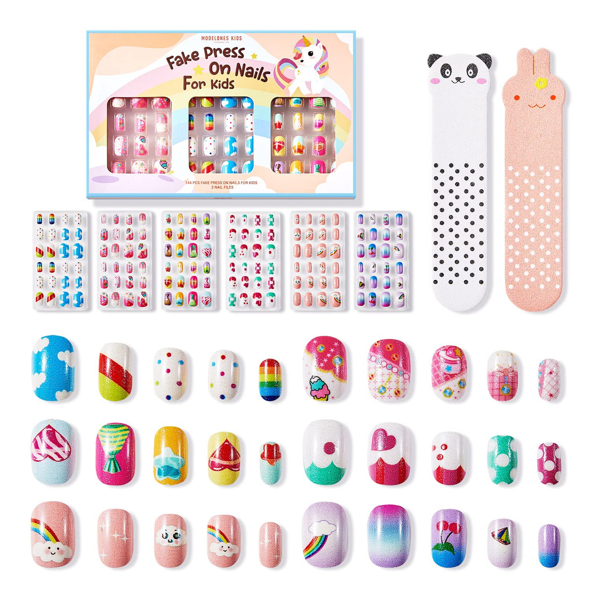 Modelones Press on Nails for Kids 144Pcs 6 Pack Children Acrylic Fake Nails Pre-glue Full Cover Glitter Gradient Color Rainbow Candy Short False Nail Kits Sets Thanksgiving Christmas Gifts for Girls