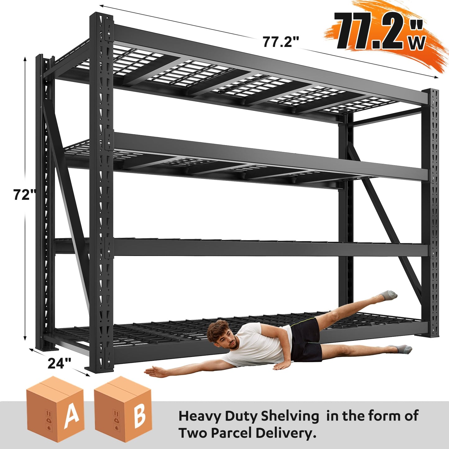 Bepatio 77"W Heavy Duty Garage Shelving, 8000LBS Industrial Storage Shelves, 4 Tier Adjustable Metal Shelving Unit, Large Steel Storage Rack for Basement, Warehouse, Commercial Use, 24"D x 72"H, Black